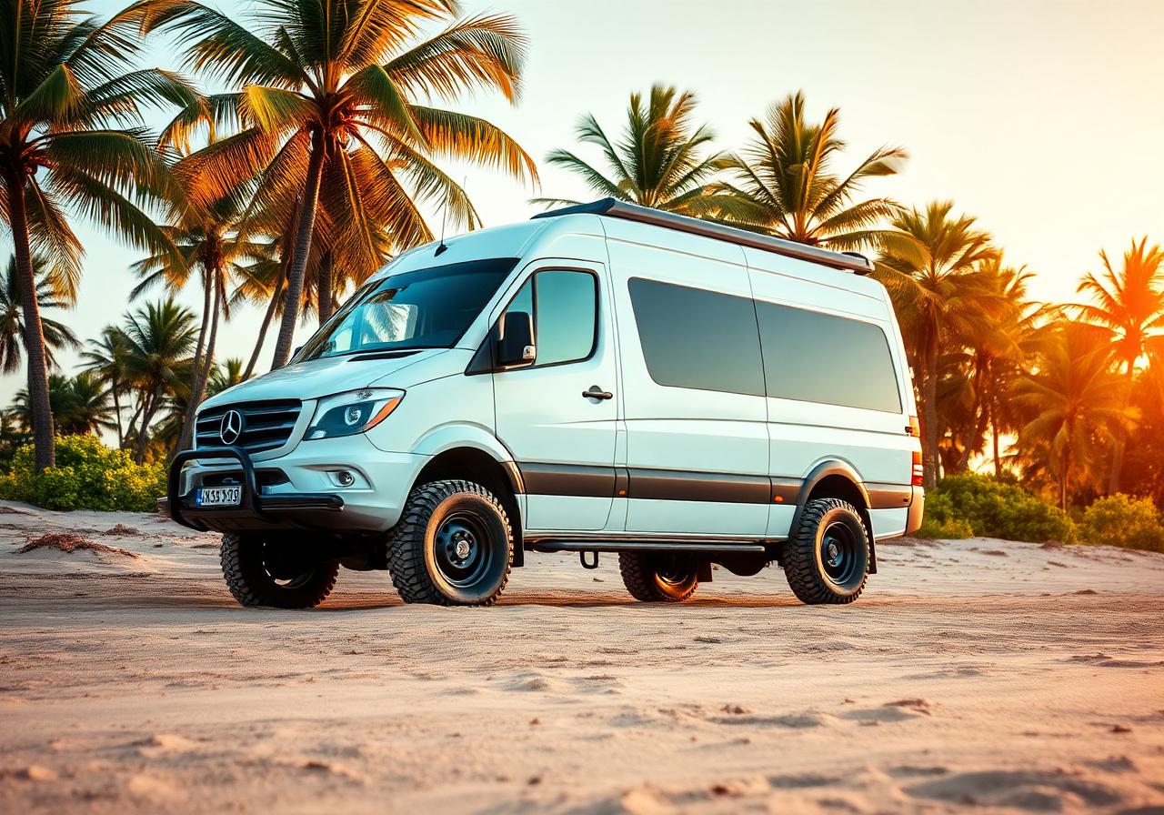 Lifted white Mercedes Sprinter 4x4 camper van parked on a Pacific beach